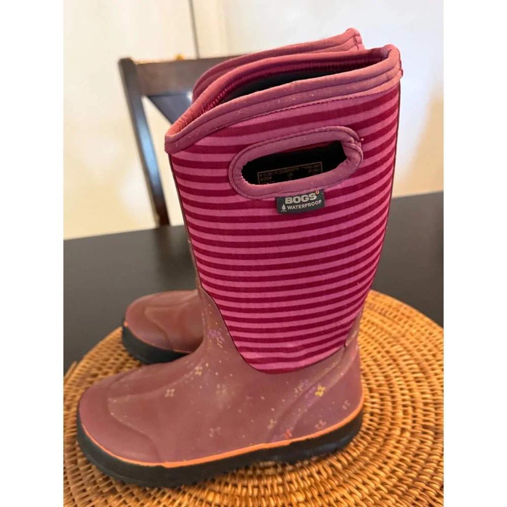 Bogs Classic Flower Stripe Youth Size 2 Pink‎ Waterproof Insulated Rain Boots